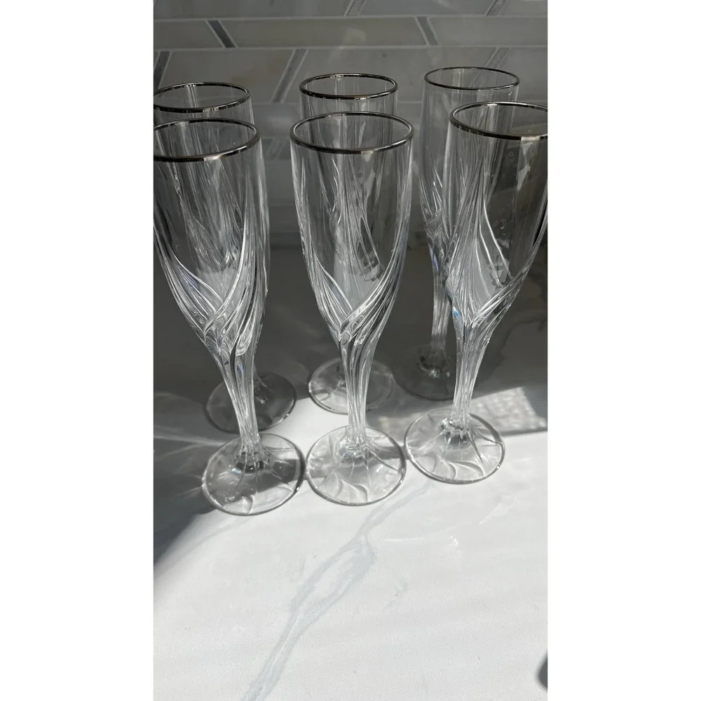 Set of 6 Lenox Cut Crystal DEBUT Platinum Rim Champagne Flute Wine Glass